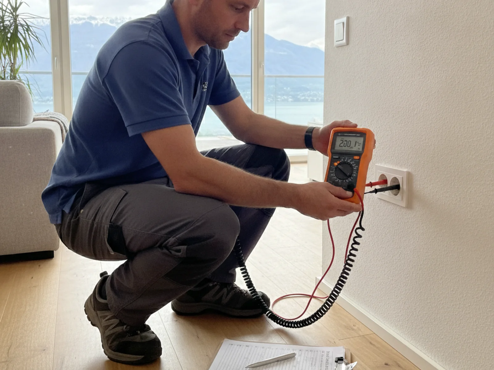 Électricien réalisant un contrôle OIBT sur un tableau électrique à Morges